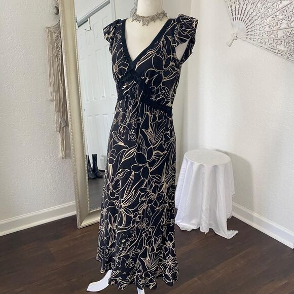 INC Romantic Goth Black Cream Floral Silk Midi Maxi Lace Trimmed Slip Dress 2 XS - Picture 7 of 8